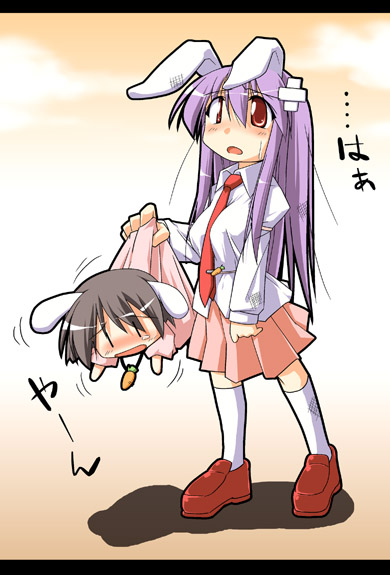 kurikara, inaba tewi, reisen udongein inaba, touhou, white legwear, 2girls, animal ears, chibi, dress, female focus, kneehighs, loafers, long hair, long sleeves, multiple girls, necktie, pink skirt, pleated skirt, purple hair, rabbit ears, red eyes, red necktie, shoes, skirt, socks, | |