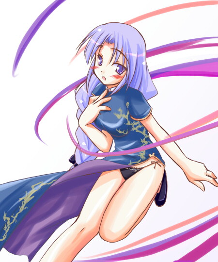 yagokoro eirin, touhou, artist request, 1girl, black panties, blush, braid, china dress, chinese clothes, dress, female focus, hair ribbon, lace, lace-trimmed panties, lace trim, leg lift, panties, pantyshot, purple eyes, purple hair, ribbon, shoes, side-tie panties, single braid, solo, standing, underwear
