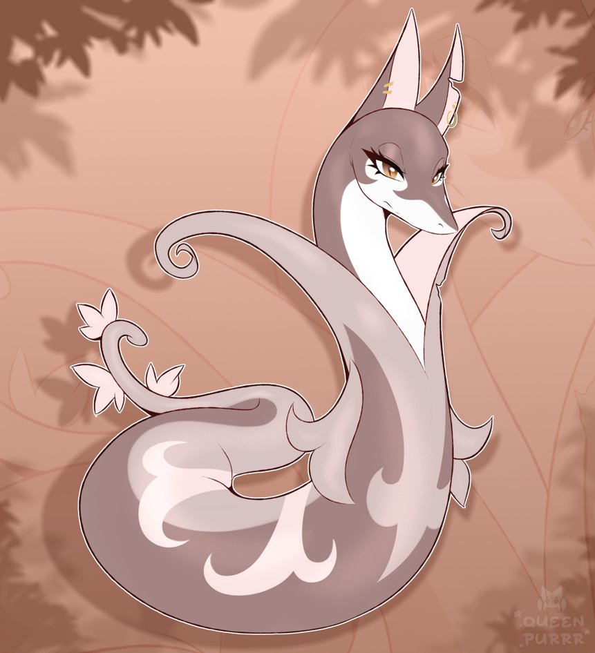 queen purrr, serperior, nintendo, pokemon, commission, alternate color, alternate shiny pokemon, animal focus, artist name, brown eyes, closed mouth, drop shadow, earrings, full body, gen 5 pokemon, half-closed eyes, jewelry, looking at viewer, multiple earrings, no humans, notched ear, outline, pokemon (creature), solo, split mouth, watermark, white outline