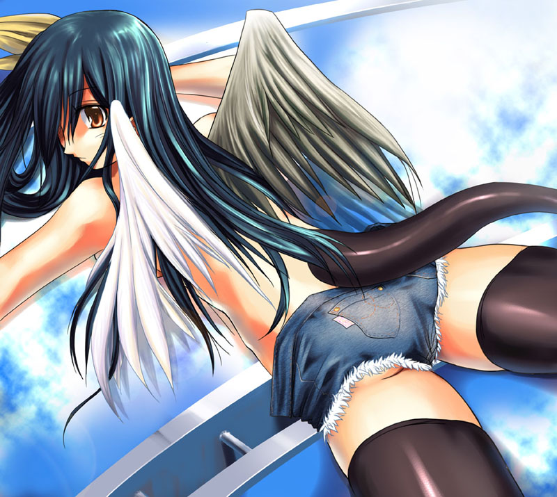 dizzy (guilty gear), arc system works, guilty gear, 1girl, angel, ass, asymmetrical wings, black thighhighs, female focus, sky, solo, thighhighs, topless female, wings