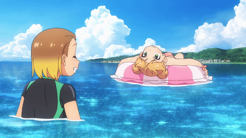 kasamaru aoi, tanigawa ruri, ruri no houseki, animated, animated gif, anime screenshot, tagme, 2025, 20s, 2girls, arm up, bikini, blonde hair, blue sky, breasts, brown hair, cloud, collarbone, green eyes, hair bun, large breasts, medium hair, multiple girls, ocean, orange hair, pink bikini, rash guard, rubber ring, short hair, sky, small breasts, splashing, swimsuit, yellow eyes