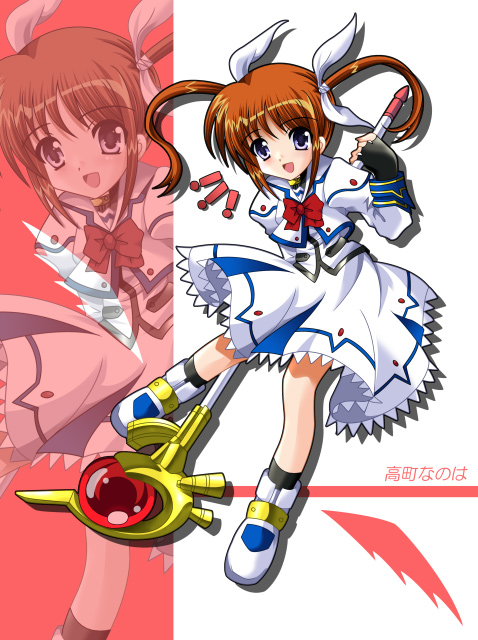 kohakugin, raising heart, raising heart (accel mode), takamachi nanoha, takamachi nanoha (sacred mode), lyrical nanoha, mahou shoujo lyrical nanoha, uniform, winged footwear, !, 00s, 1girl, boots, brown hair, buckle, character name, cropped jacket, female focus, fingerless gloves, full body, gloves, hair ribbon, long sleeves, looking at viewer, magazine (weapon), magical girl, puffy sleeves, purple eyes, red hair, ribbon, shoes, skirt, smile, solo, twintails, wings, zoom layer