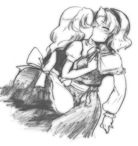naitou satoshi, alice margatroid, kirisame marisa, touhou, lowres, 2girls, female focus, greyscale, kiss, monochrome, multiple girls, yuri