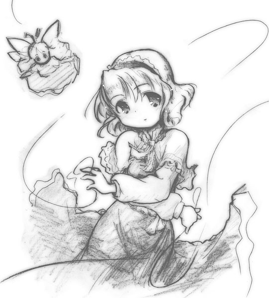 naitou satoshi, alice margatroid, touhou, 1girl, doll, dress, female focus, greyscale, hairband, monochrome, shawl, short hair, smile, solo, string, white background