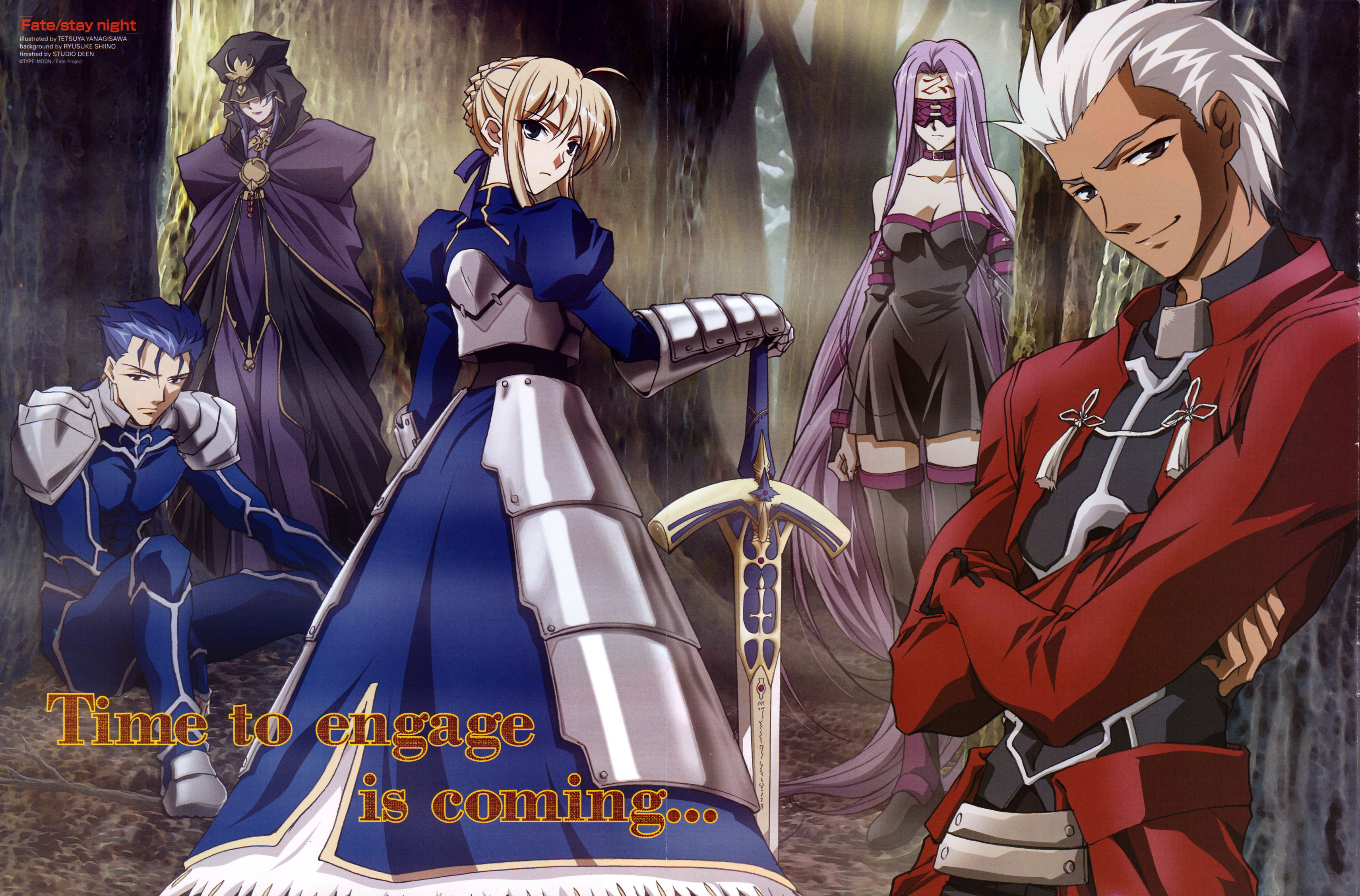 yanagisawa tetsuya, archer (fate), artoria pendragon (fate), cu chulainn (fate), cu chulainn (fate/stay night), medea (caster) (fate), medea (fate), medusa (fate), medusa (rider) (fate), saber (fate), fate/stay night, fate (series), absurdres, highres, scan, 00s, 2girls, 3boys, armor, armored dress, blonde hair, caliburn (fate), dark-skinned male, dark skin, dress, faulds, multiple boys, multiple girls, sword, weapon