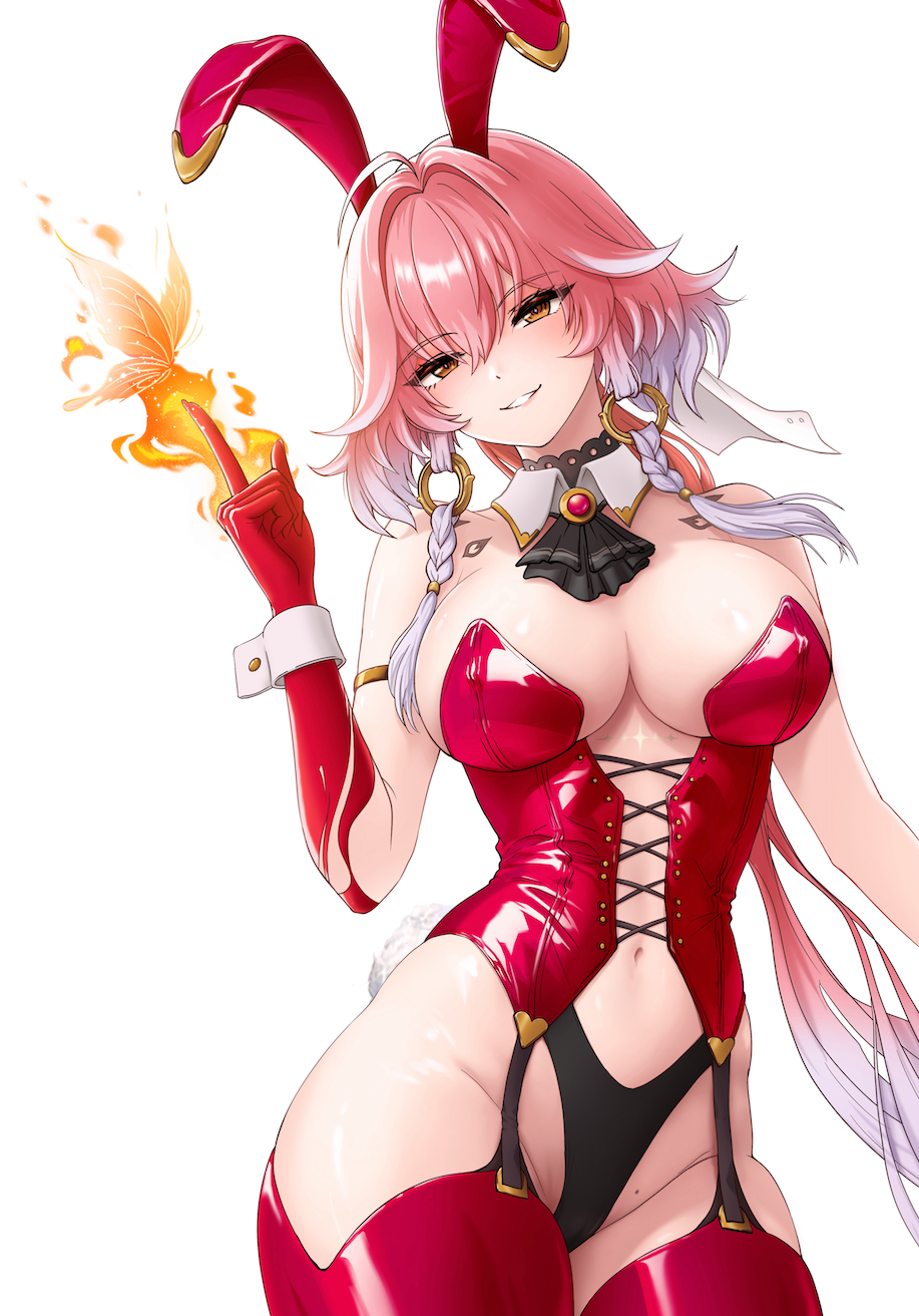 papatouch, changli (wuthering waves), wuthering waves, clothing request, highres, 1girl, ahoge, alternate costume, animal ear hairband, animal ears, ascot, bare shoulders, black ascot, black choker, body markings, bow, braid, breasts, bug, butterfly, choker, cleavage, collar, colored extremities, detached collar, fake animal ears, fake tail, groin, hair between eyes, hair bow, hair extensions, hair intakes, hairband, highleg, highleg leotard, highleg panties, index finger raised, insect, large breasts, leotard, long hair, looking at viewer, missing commentary, mole, mole on crotch, multicolored hair, navel, nontraditional playboy bunny, orange butterfly, panties, parted lips, pink hair, rabbit ears, rabbit tail, red hands, red thighhighs, ring hair extensions, simple background, smile, solo, stomach, strapless, tacet mark (wuthering waves), tail, thighhighs, twin braids, two-tone hair, underwear, very long hair, white background, white bow, white collar, white hair, white wrist cuffs, wrist cuffs