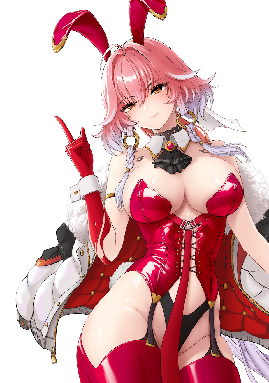 papatouch, changli (wuthering waves), wuthering waves, clothing request, has bad revision, highres, md5 mismatch, source mismatch, 1girl, ahoge, alternate costume, animal ear hairband, animal ears, ascot, bare shoulders, black ascot, black choker, body markings, bow, braid, breasts, bug, butterfly, choker, cleavage, collar, colored extremities, detached collar, fake animal ears, fake tail, groin, hair between eyes, hair bow, hair extensions, hair intakes, hairband, index finger raised, insect, large breasts, long hair, looking at viewer, missing commentary, mole, mole on crotch, multicolored hair, navel, nontraditional playboy bunny, orange butterfly, parted lips, pink hair, rabbit ears, rabbit tail, red hands, red thighhighs, ring hair extensions, simple background, smile, solo, stomach, strapless, tacet mark (wuthering waves), tail, thighhighs, twin braids, two-tone hair, very long hair, white background, white bow, white collar, white hair, white wrist cuffs, wrist cuffs