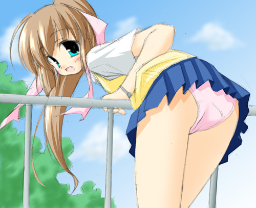 saotome ryuuichi, lowres, 1girl, ass, bent over, blue eyes, blush, brown hair, dress shirt, female focus, hair ribbon, looking back, miniskirt, panties, pink panties, ponytail, ribbon, shirt, skirt, solo, standing, sweater vest, underwear, vest