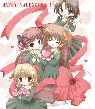 nanase miori, fukuzawa yumi, matsudaira touko, naitou shouko, takeshima tsutako, maria-sama ga miteru, lowres, 00s, 4girls, ^ ^, blonde hair, bow, brown hair, camera, closed eyes, drill hair, finger to mouth, green shirt, green skirt, hair bow, happy valentine, heart, heart background, in container, multiple girls, ribbon, school uniform, shirt, short hair, shouko, skirt, smile, twin drills, two side up, valentine