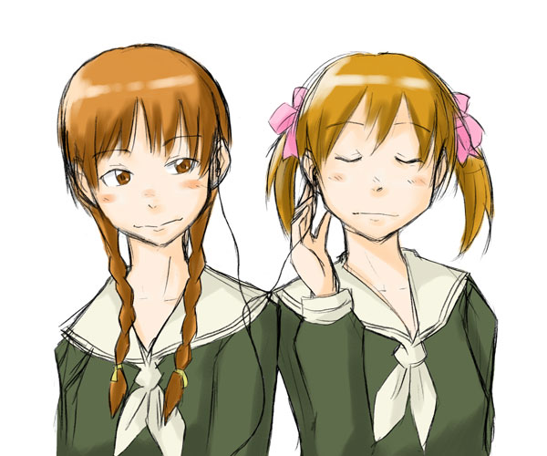 fukuzawa yumi, shimazu yoshino, maria-sama ga miteru, 00s, braid, earbuds, earphones, headphones, school uniform, serafuku, shared earphones, twin braids, twintails