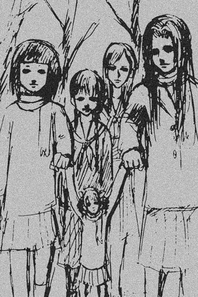 heika (heikahp), hosokawa kanako, matsudaira touko, maria-sama ga miteru, 5girls, alien, arms up, bare tree, braid, creepy, crossover, expressionless, greyscale, holding hands, horror (theme), long sleeves, monochrome, multiple girls, neckerchief, parody, pleated skirt, school uniform, shirt, skirt, smile, standing, tree, twin braids