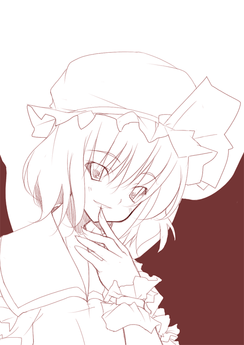 nakamura kusata, remilia scarlet, touhou, 1girl, female focus, finger to mouth, hat, monochrome, short hair, solo, wings, wrist cuffs