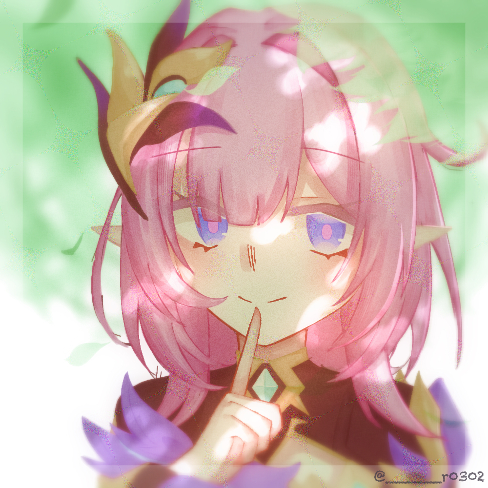 elysia (honkai impact), elysia (miss pink elf) (honkai impact), honkai (series), honkai impact 3rd, commentary request, 1girl, blue eyes, elf, hair ornament, long hair, looking at viewer, pink hair, pink pupils, pointy ears, portrait, r0302, shrug (clothing), smile, solo, twitter username