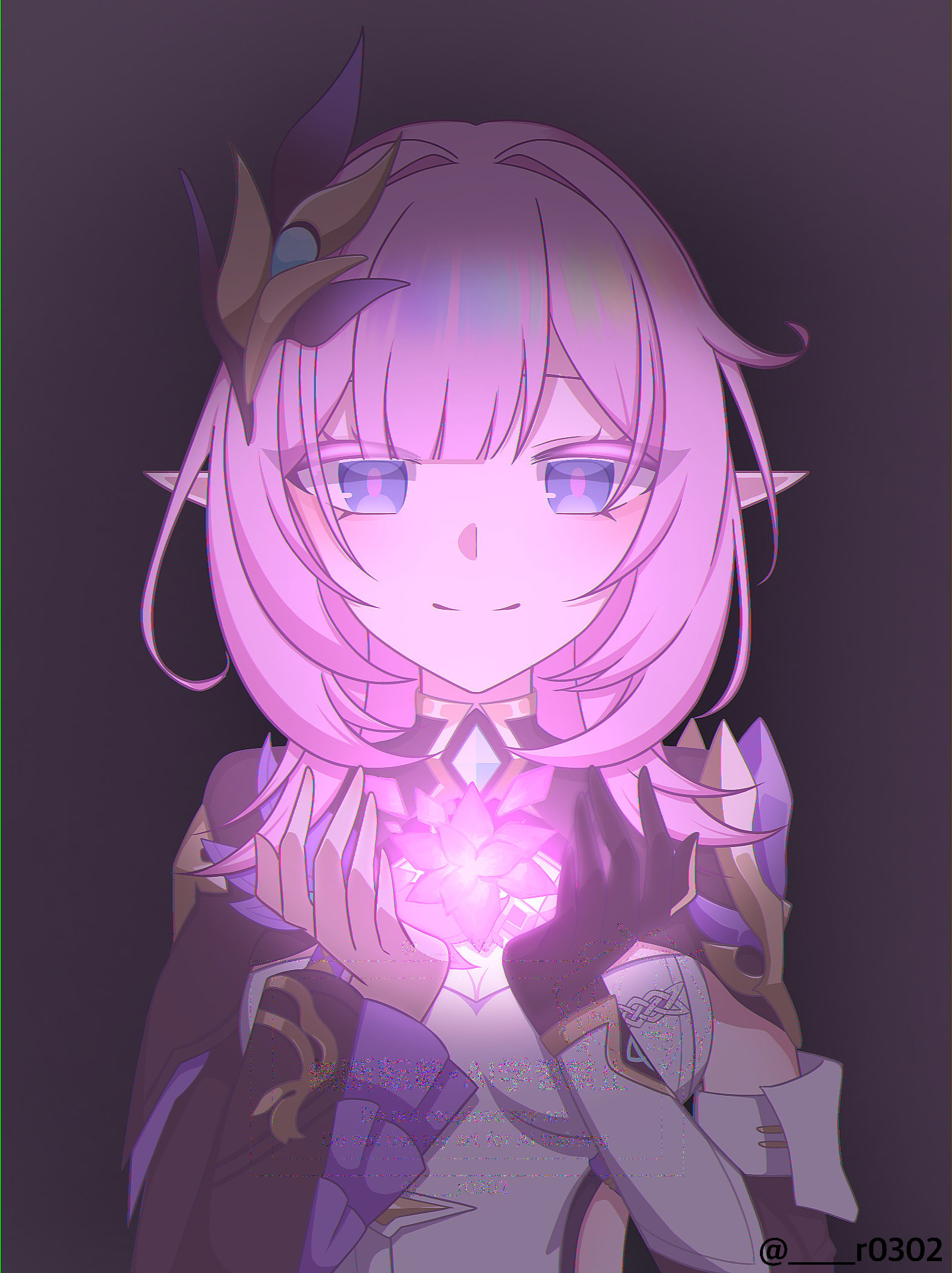 elysia (honkai impact), elysia (miss pink elf) (honkai impact), honkai (series), honkai impact 3rd, commentary request, highres, 1girl, black background, black gloves, blue eyes, breasts, cleavage, corset, crystal flower, elf, gloves, hair ornament, large breasts, long hair, looking at viewer, pink hair, pink pupils, pointy ears, r0302, shrug (clothing), single glove, smile, solo, twitter username, upper body, white corset