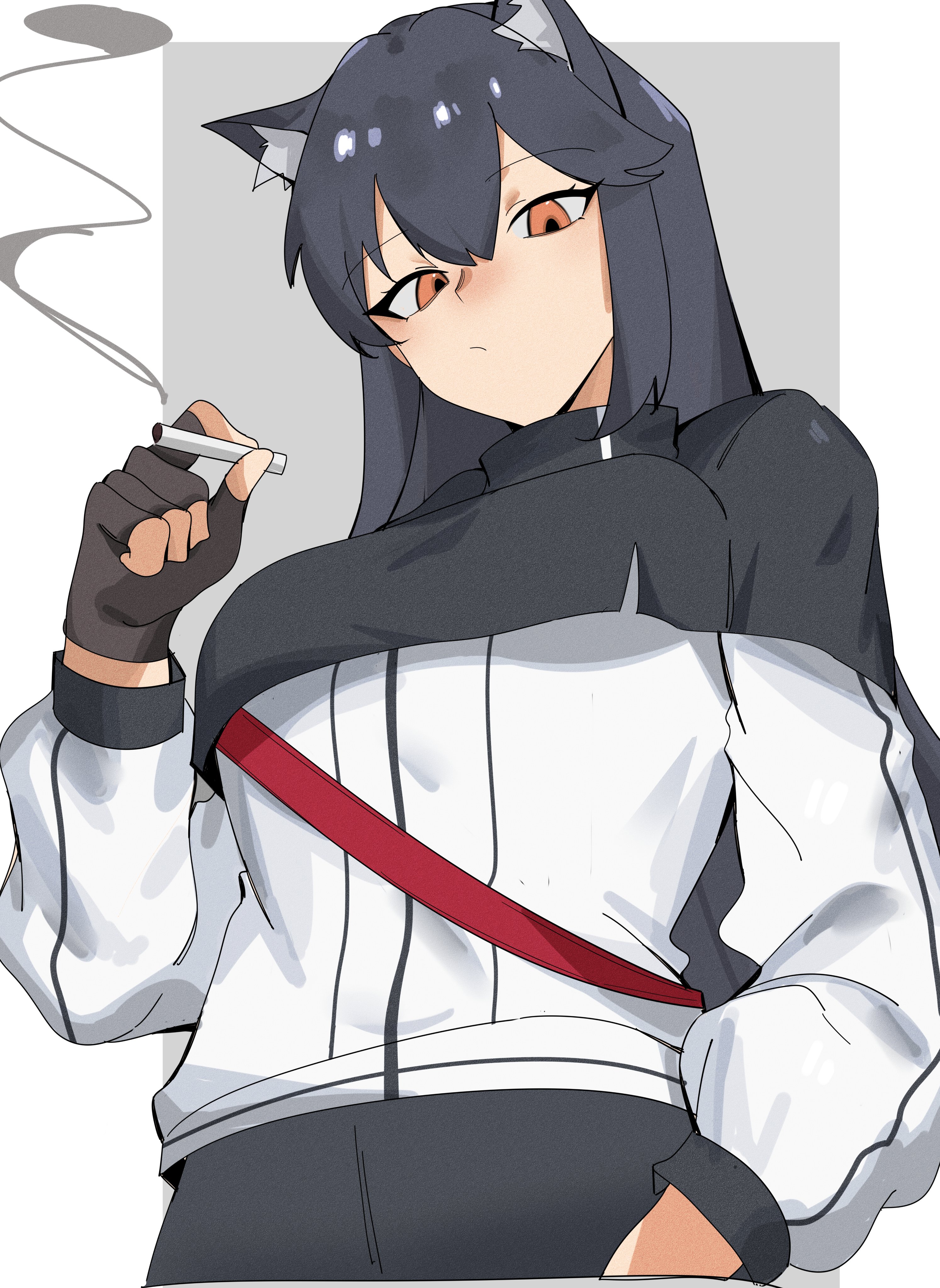 texas (arknights), arknights, absurdres, commentary, english commentary, highres, 1girl, animal ear fluff, animal ears, black capelet, black gloves, black hair, border, breasts, capelet, cigarette, closed mouth, cropped legs, fingerless gloves, from below, gloves, grey background, hair between eyes, holding, holding cigarette, jacket, long hair, long sleeves, looking at viewer, medium breasts, orange eyes, outside border, smoke, solo, staring, vertin, white border, white jacket, wolf ears, wolf girl