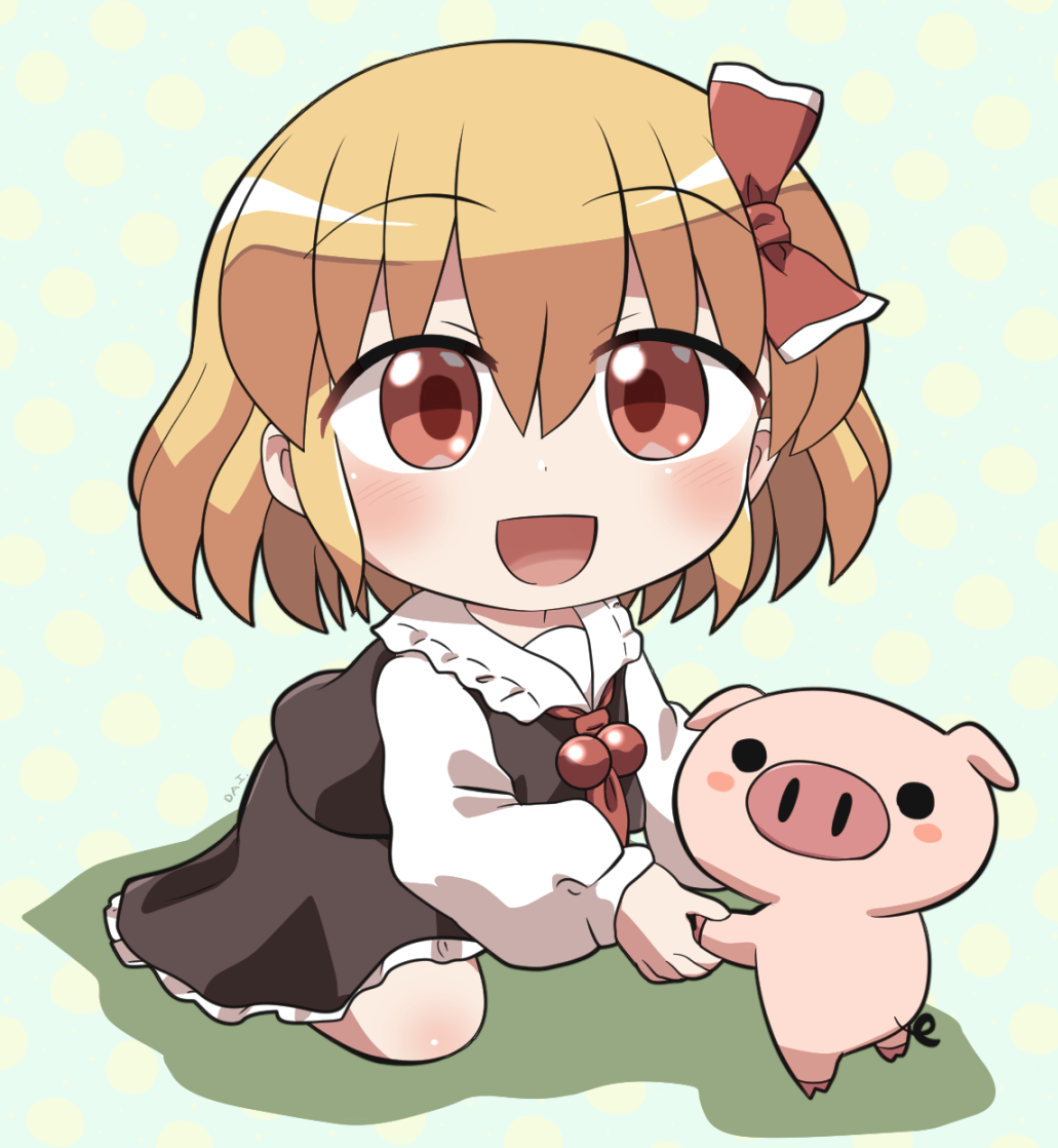 rokugou daisuke, rumia, touhou, commentary request, 1girl, :d, ascot, black skirt, black vest, blonde hair, blush, chibi, chibi only, collared shirt, frilled skirt, frills, full body, green background, hair between eyes, hair ribbon, long sleeves, looking at viewer, open mouth, pig, polka dot, polka dot background, red ascot, red eyes, red ribbon, ribbon, shirt, short hair, signature, sitting, skirt, skirt set, smile, solo, vest, white shirt