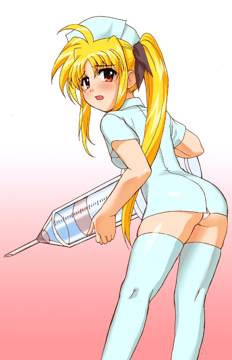 g-tetsu, fate testarossa, lyrical nanoha, mahou shoujo lyrical nanoha, mahou shoujo lyrical nanoha a's, highres, 00s, 1girl, ass, back, blonde hair, blush, dress, female focus, hair ribbon, hat, large syringe, leaning forward, long hair, looking back, nurse, nurse cap, oversized object, panties, pantyshot, red eyes, ribbon, short dress, solo, standing, syringe, thighhighs, twintails, underwear, upskirt, white panties, zettai ryouiki