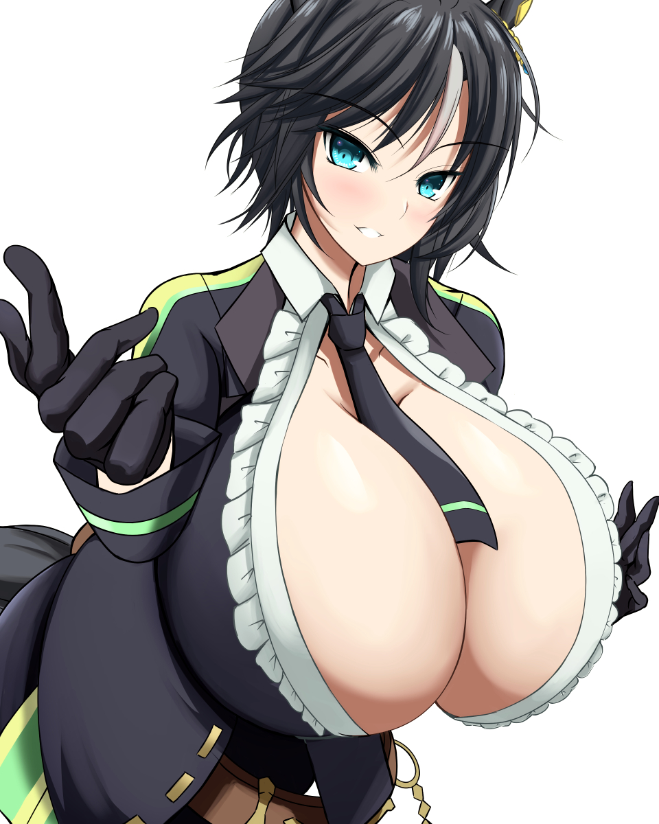 somasu, fuji kiseki (umamusume), umamusume, highres, 1girl, alternate breast size (larger), animal ears, aqua eyes, between breasts, black gloves, black hair, black jacket, black necktie, breasts, center frills, center opening, collared shirt, ear ornament, frilled shirt, frills, gigantic breasts, gloves, grey background, grey hair, hair between eyes, horse ears, horse girl, horse tail, impossible clothes, impossible jacket, impossible shirt, jacket, jewelry, leaning forward, light blush, light smile, long sleeves, looking at viewer, multicolored hair, necktie, necktie between breasts, parted lips, shirt, short hair, simple background, solo, tail, two-tone hair, upper body, white shirt, wing collar