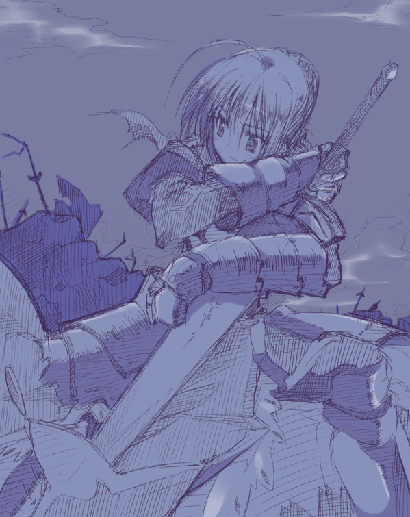 10mo, artoria pendragon (fate), saber (fate), fate/stay night, fate (series), 00s, 1girl, armor, armored dress, blue theme, dress, excalibur (fate/stay night), female focus, monochrome, sheath, sheathed, sketch, solo, sword, weapon