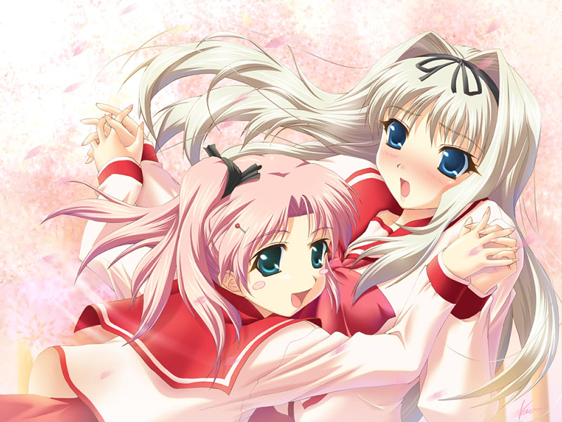 watase kaoru, kusugawa sasara, maaryan (to heart), to heart (series), to heart 2, 00s, 2girls, :o, blue eyes, blush, blush stickers, cherry blossoms, hair ornament, hair ribbon, hairband, hairclip, holding hands, long hair, multiple girls, open mouth, petals, pink hair, ribbon, school uniform, serafuku, short hair, side ponytail, signature, white hair