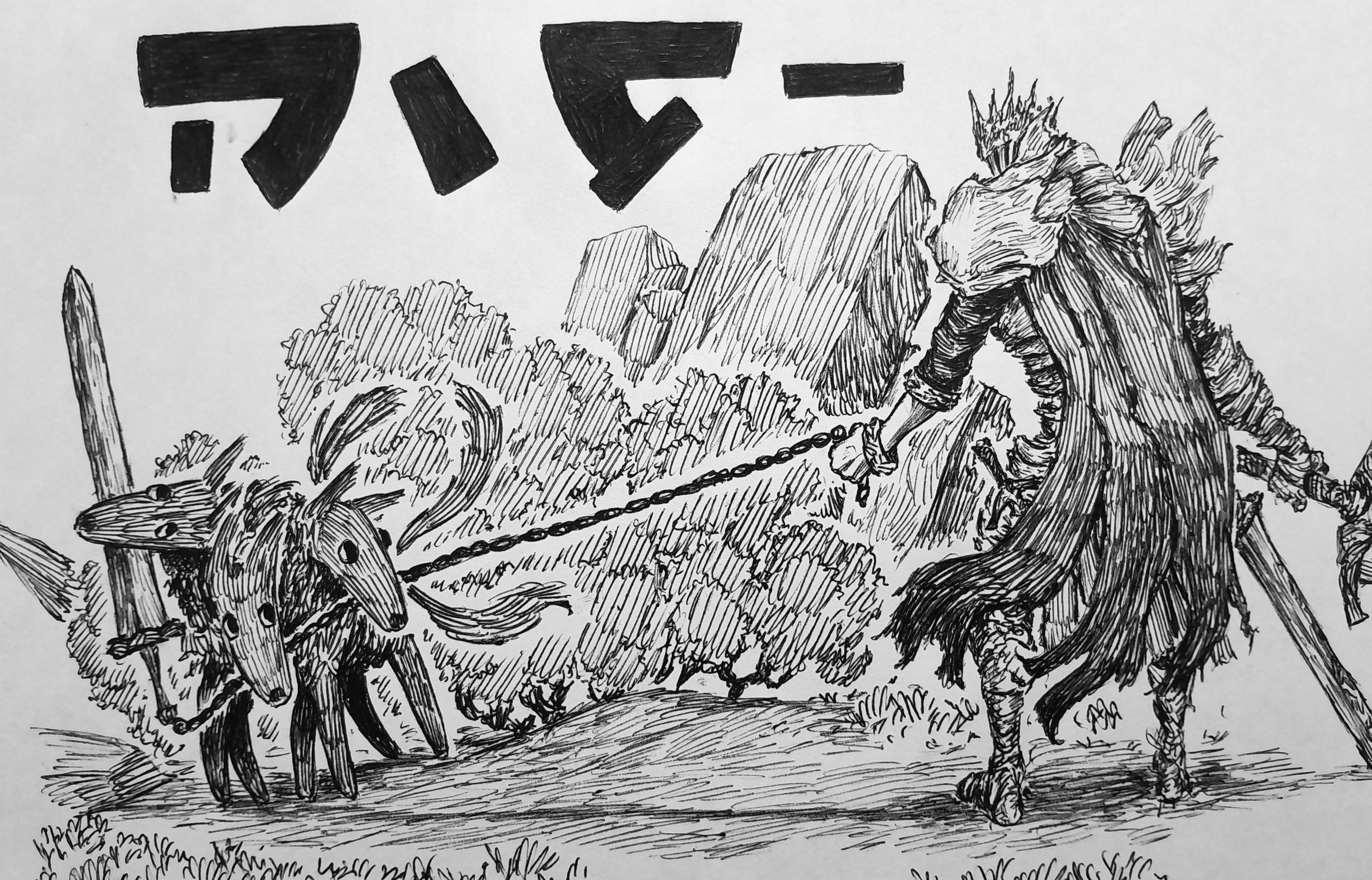 chronozbergh, cerberus, gladius (elden ring), elden ring, elden ring nightreign, absurdres, highres, 1boy, animal, armor, cape, chain whip, dog, extra arms, full armor, gauntlets, greatsword, greaves, greyscale, helmet, heolstor the nightlord, holding, holding sword, holding weapon, leash, monochrome, mouth hold, multiple heads, shoulder armor, spiked helmet, sword, weapon
