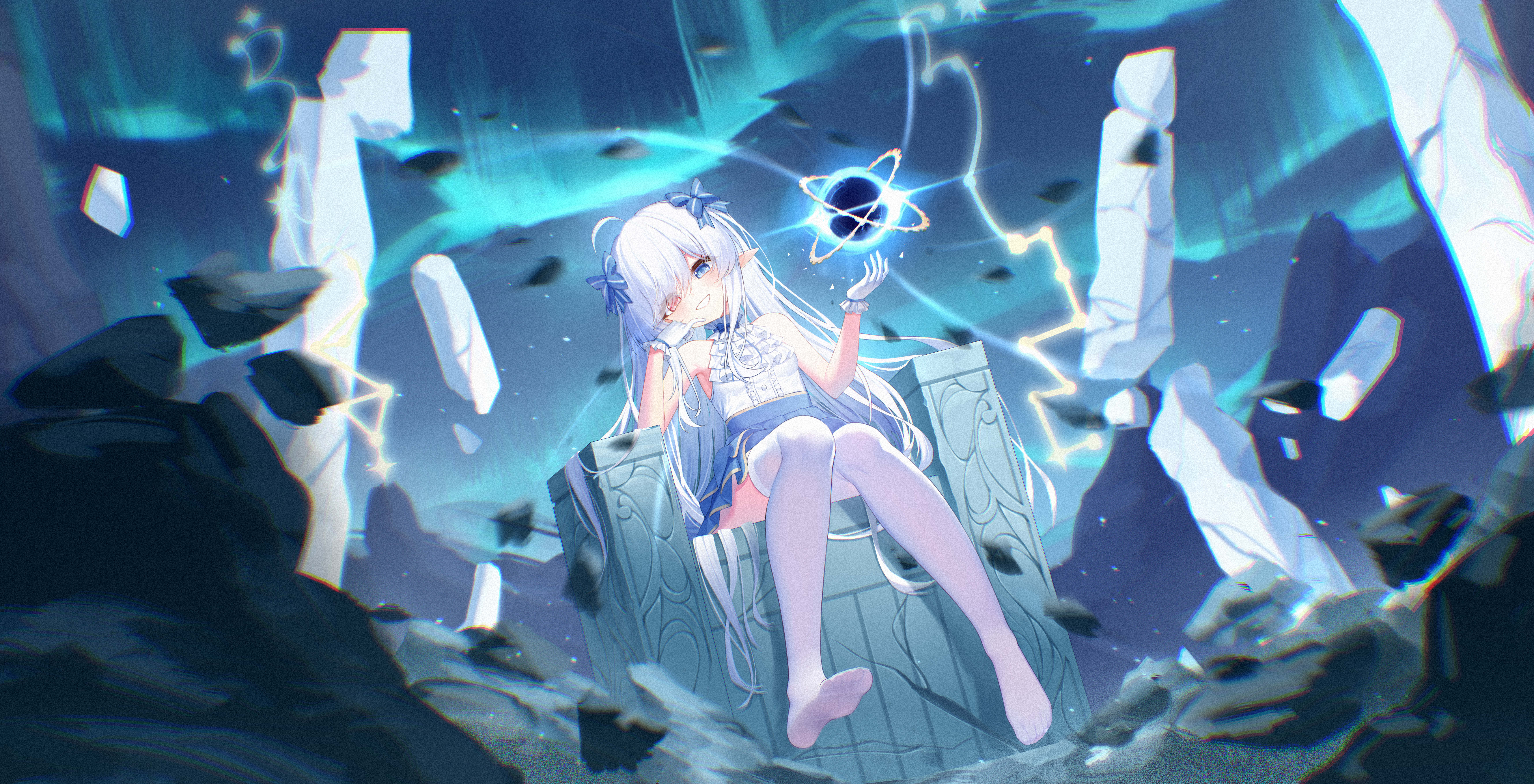 wlswlp, original, absurdres, highres, 1girl, ahoge, aurora, bare shoulders, black hole, blue dress, blue eyes, blue ribbon, dress, energy, floating, floating object, hair ribbon, hand on own cheek, hand on own face, head tilt, heterochromia, magic, no shoes, orange eyes, pantyhose, pointy ears, ribbon, ruins, sitting, smile, smug, soles, thighhighs, white pantyhose, white thighhighs
