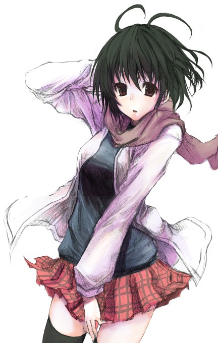 akahoshi kenji, original, 1girl, antenna hair, black hair, black thighhighs, brown eyes, cowboy shot, female focus, jacket, looking at viewer, open mouth, plaid clothes, plaid skirt, scarf, short hair, simple background, skirt, solo, thighhighs, white background, wind, wind lift, zettai ryouiki