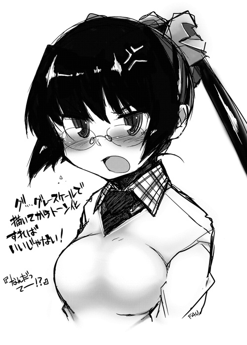 f4u, f4u (naitou2), 1girl, :o, anger vein, angry, blush, collar, collared shirt, female focus, glasses, greyscale, looking at viewer, monochrome, open mouth, plaid clothes, plaid shirt, shirt, simple background, solo, sweater, upper body, white background