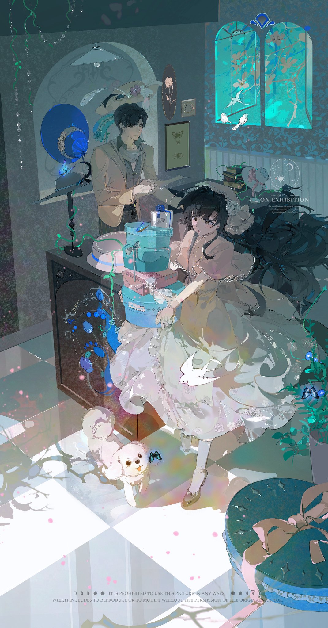 xixun, original, commentary, commission, hashtag-only commentary, highres, 1boy, 1girl, animal, bird, black hair, blue butterfly, box stack, brown eyes, brown jacket, bug, butterfly, capelet, carrying, collared shirt, dog, dress, floating hair, gloves, grey dress, grey shirt, hat, headdress, indoors, insect, jacket, long hair, pink capelet, shirt, shoes, short hair, tile floor, tiles, unworn hat, unworn headwear, white bird, white dog