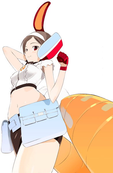 okama, tsukishiro mina, densha otoko, getsumento heiki miina, 00s, 1girl, animal ears, breasts, brown hair, carrot, female focus, gloves, hairband, midriff, miniskirt, rabbit ears, red eyes, red gloves, short hair, skirt, solo, white background