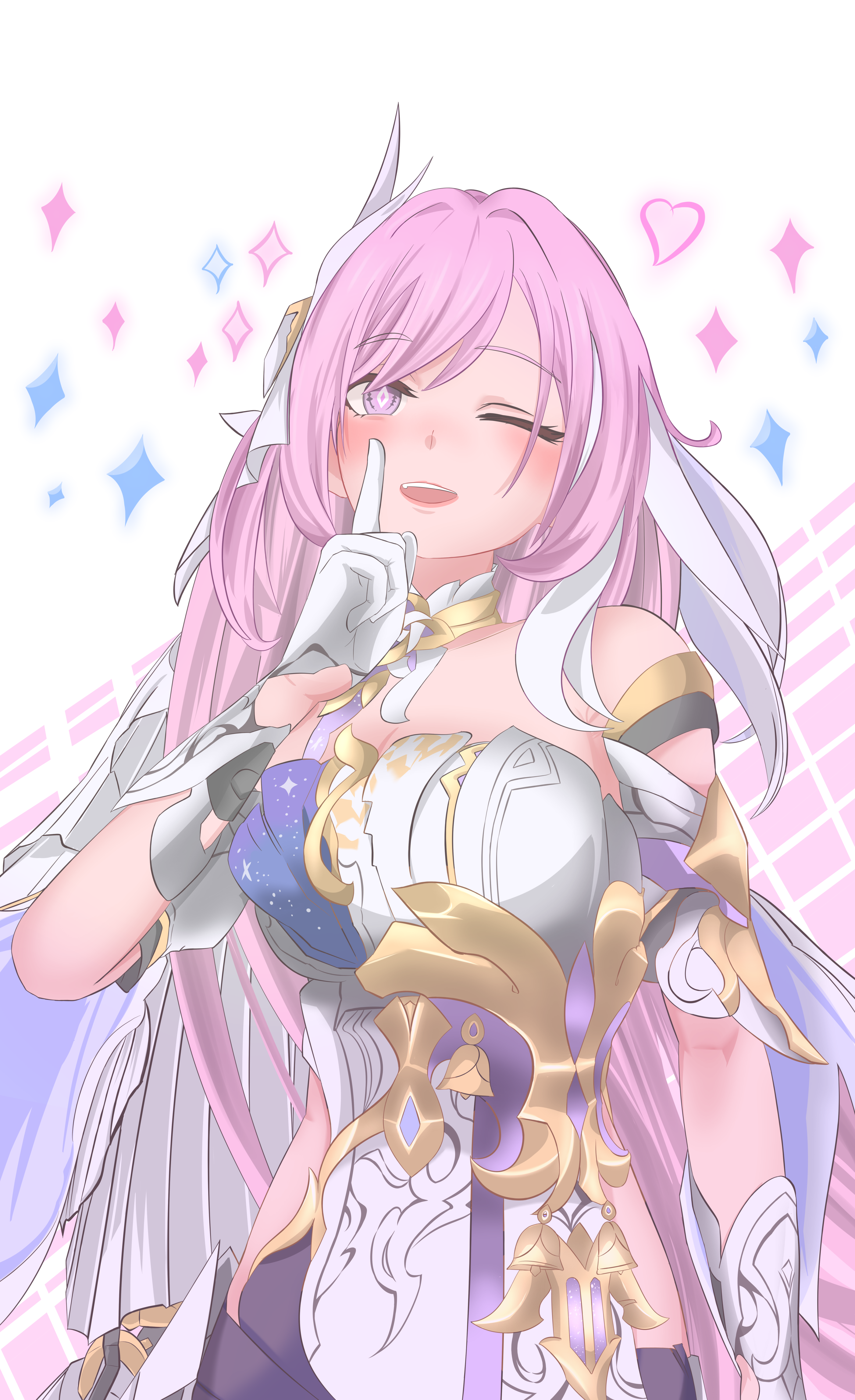 erasumo3821, elysia (herrscher of human: ego) (honkai impact), elysia (honkai impact), honkai (series), honkai impact 3rd, absurdres, commentary request, highres, 1girl, bare shoulders, black shorts, breasts, cleavage, clothing cutout, corset, diamond-shaped pupils, diamond (shape), gloves, hair ornament, heart, large breasts, long hair, one eye closed, pink hair, purple eyes, shorts, side cutout, smile, solo, star (symbol), symbol-shaped pupils, upper body, very long hair, white background, white corset, white gloves