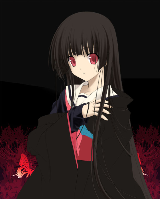 shiino yui, enma ai, jigoku shoujo, 00s, 1girl, black hair, black serafuku, black theme, blunt bangs, bug, butterfly, dark, expressionless, female focus, flower, hime cut, insect, japanese clothes, kimono, long hair, looking at viewer, obi, red eyes, red flower, sash, school uniform, serafuku, solo, spider lily