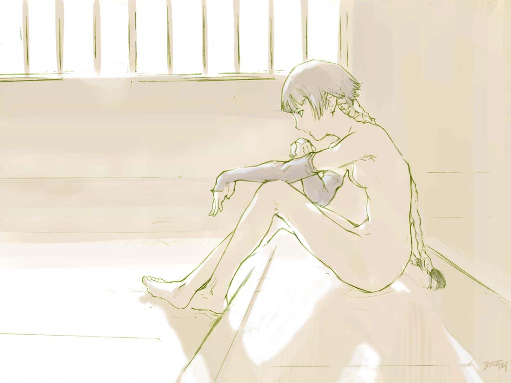 santouhei (3tohei), sui-feng, bleach, 00s, 1girl, female focus, gloves, monochrome, nude, sitting, solo, twintails