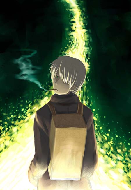 minamura haruki, ginko (mushishi), mushishi, 1boy, backpack, bag, cigarette, hair over one eye, hands in pockets, looking back, male focus, randoseru, smoking, solo