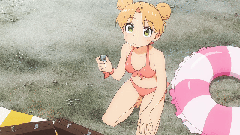 tanigawa ruri, ruri no houseki, animated, animated gif, tagme, 1girl, 2025, 20s, bikini, blonde hair, breasts, collarbone, glass, green eyes, hair bun, pink bikini, rubber ring, sand, small breasts, solo, swimsuit
