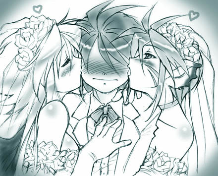 dr.p, katt (breath of fire), nina (breath of fire ii), ryu (breath of fire ii), breath of fire, breath of fire ii, capcom, lowres, 1boy, 2girls, animal ears, bare shoulders, blush, bridal veil, cat ears, collarbone, comic, dress, girl sandwich, good end, husband and wife, husband and wives, kiss, kissing cheek, licking, monochrome, multiple girls, polygamy, sandwiched, tail, veil, wedding, wedding dress, wings