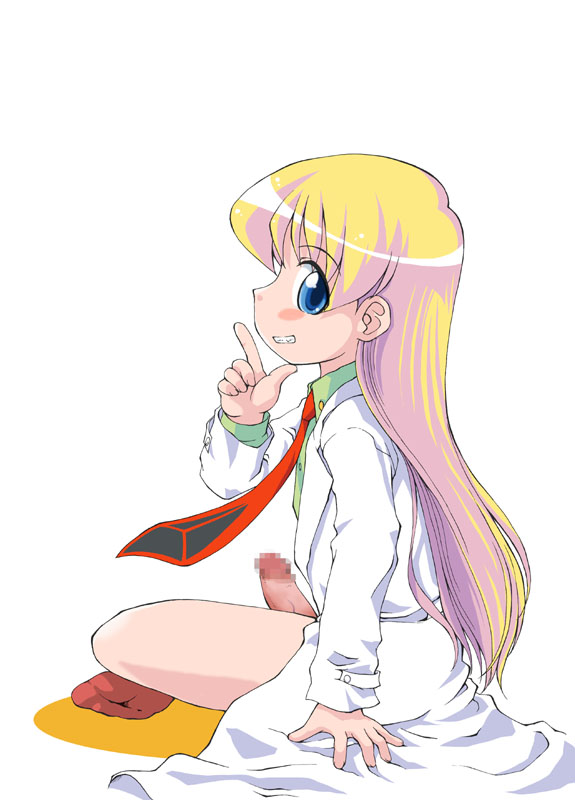 velfro, rebecca miyamoto, pani poni dash!, 00s, 1futa, blonde hair, blouse, blue eyes, censored, collared shirt, erection, from side, full body, futanari, green shirt, lab coat, long sleeves, looking at viewer, mosaic censoring, necktie, penis, red necktie, shirt, simple background, sitting, socks, solo, white background
