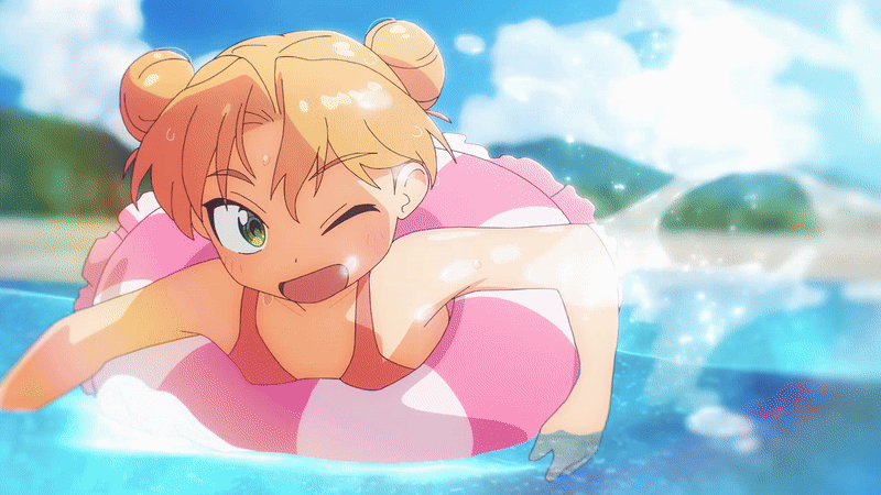 kasamaru aoi, tanigawa ruri, ruri no houseki, animated, animated gif, anime screenshot, tagme, 2025, 20s, 3girls, arm up, bikini, blonde hair, blue sky, breasts, brown hair, cloud, collarbone, green eyes, hair bun, large breasts, medium hair, multiple girls, ocean, open mouth, orange hair, pink bikini, pink hair, rash guard, rubber ring, short hair, sky, small breasts, smile, splashing, swimsuit, white bikini