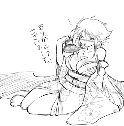 dr.p, nina (breath of fire ii), breath of fire, breath of fire ii, lowres, 1girl, female focus, furisode, greyscale, japanese clothes, kimono, monochrome, solo, thighs, yukata
