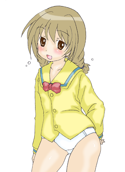 momose kurumi, pani poni dash!, 00s, 1girl, blouse, blush, bow, bowtie, braid, brown eyes, brown hair, female focus, long hair, no pants, panties, school uniform, serafuku, shirt, solo, standing, twin braids, twintails, underwear, white panties, yellow shirt