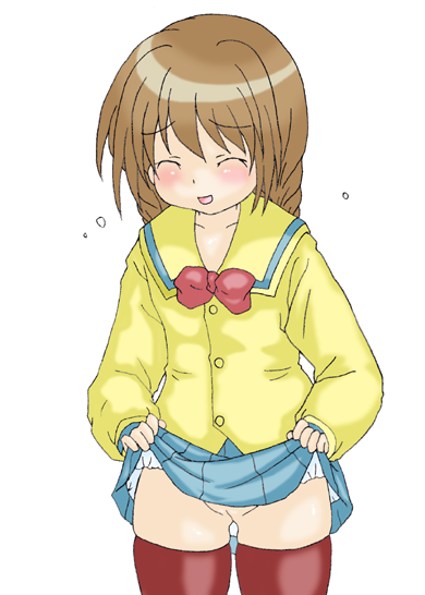 momose kurumi, pani poni dash!, 00s, 1girl, blouse, clothes lift, female focus, lifting own clothes, school uniform, serafuku, shirt, skirt, skirt lift, solo, thighhighs, yellow shirt