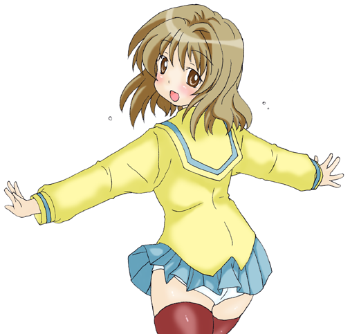 momose kurumi, pani poni dash!, 00s, 1girl, back, black thighhighs, blouse, blush, brown eyes, brown hair, female focus, from behind, long hair, looking back, miniskirt, panties, pantyshot, pleated skirt, school uniform, serafuku, shirt, skirt, solo, standing, thighhighs, underwear, white panties, yellow shirt