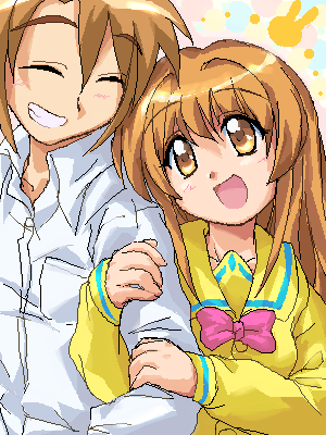 momose kurumi, momose shu, pani poni dash!, lowres, 00s, 2girls, ^ ^, bow, bowtie, brown eyes, brown hair, closed eyes, collared shirt, holding another's arm, holding own arm, long sleeves, looking at another, multiple girls, oekaki, shirt, simple background, smile, white shirt, yellow shirt