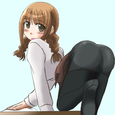 momose kurumi, pani poni dash!, lowres, 00s, 1girl, ass, black pantyhose, blue background, blush, braid, brown eyes, brown hair, female focus, open mouth, pantyhose, simple background, solo, twin braids