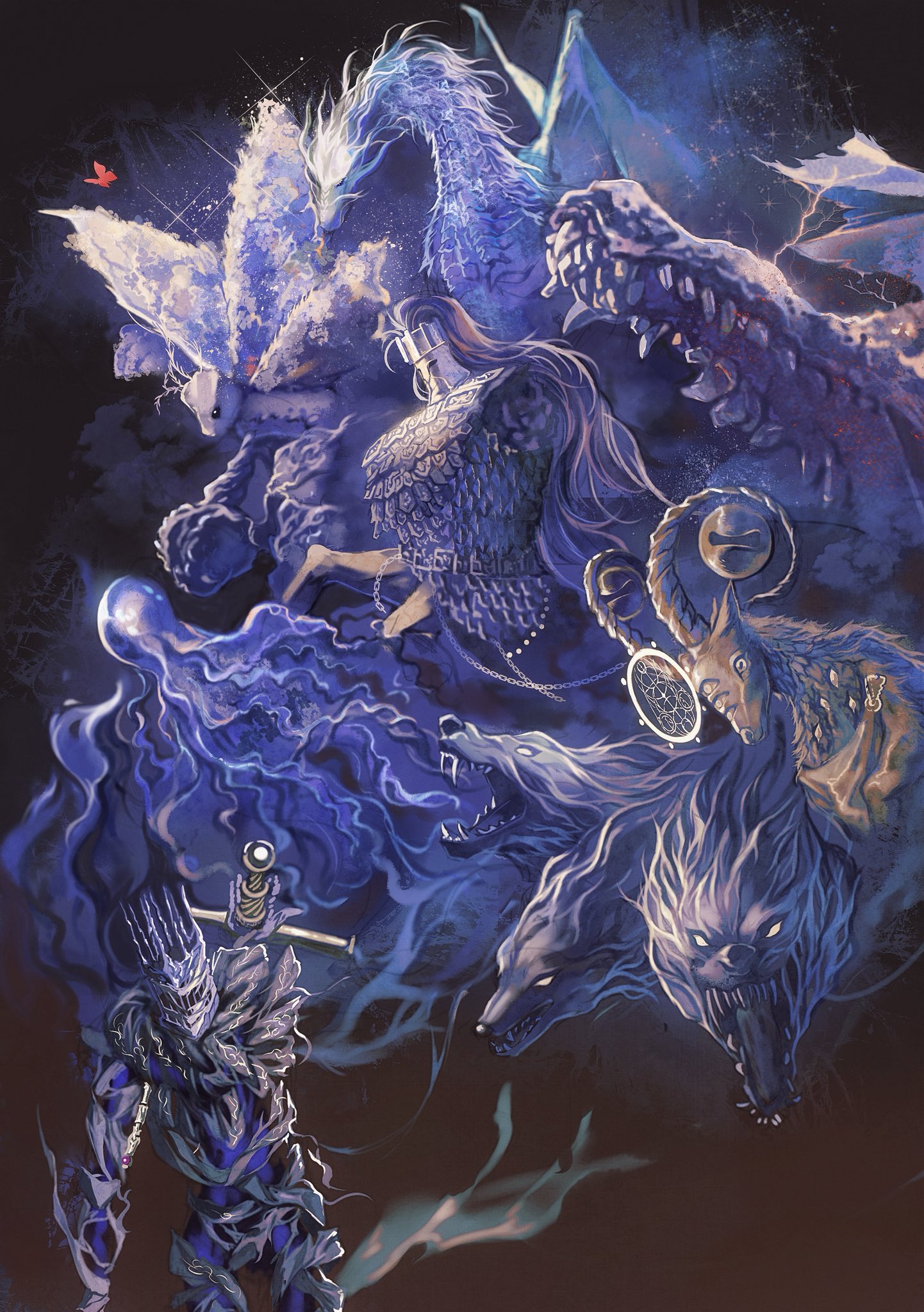 yujia0412, cerberus, gladius (elden ring), libra (elden ring), maris (elden ring), elden ring, elden ring nightreign, highres, 1boy, 1other, adel (elden ring), animal, armor, bug, disembodied eye, extra eyes, faurtis (elden ring), fulghor (elden ring), full armor, giant, giant monster, gnoster (elden ring), goat horns, greatsword, helmet, heolstor the nightlord, horizontal pupils, horns, insect, jellyfish, monster, moth, moth antennae, multiple heads, scale armor, sigil, sword, very big eyes, weapon