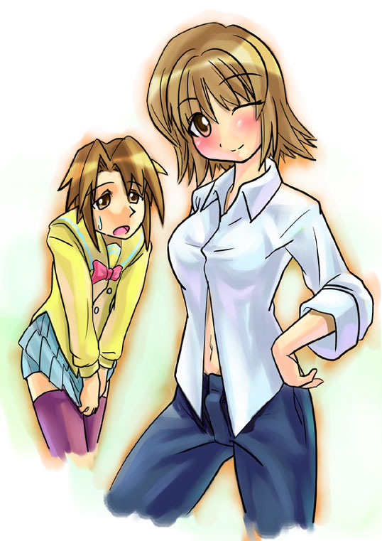 momose kurumi, momose shu, pani poni dash!, purple legwear, 00s, 2girls, ;), aqua skirt, blush, brown eyes, brown hair, clothes pull, collared shirt, cowboy shot, crossdressing, crossdressing (ftm), exhausted, hand on own hip, long sleeves, multiple girls, one eye closed, pleated skirt, shirt, short hair, simple background, skirt, skirt pull, smile, standing, sweatdrop, thighhighs, white background, white shirt, zettai ryouiki
