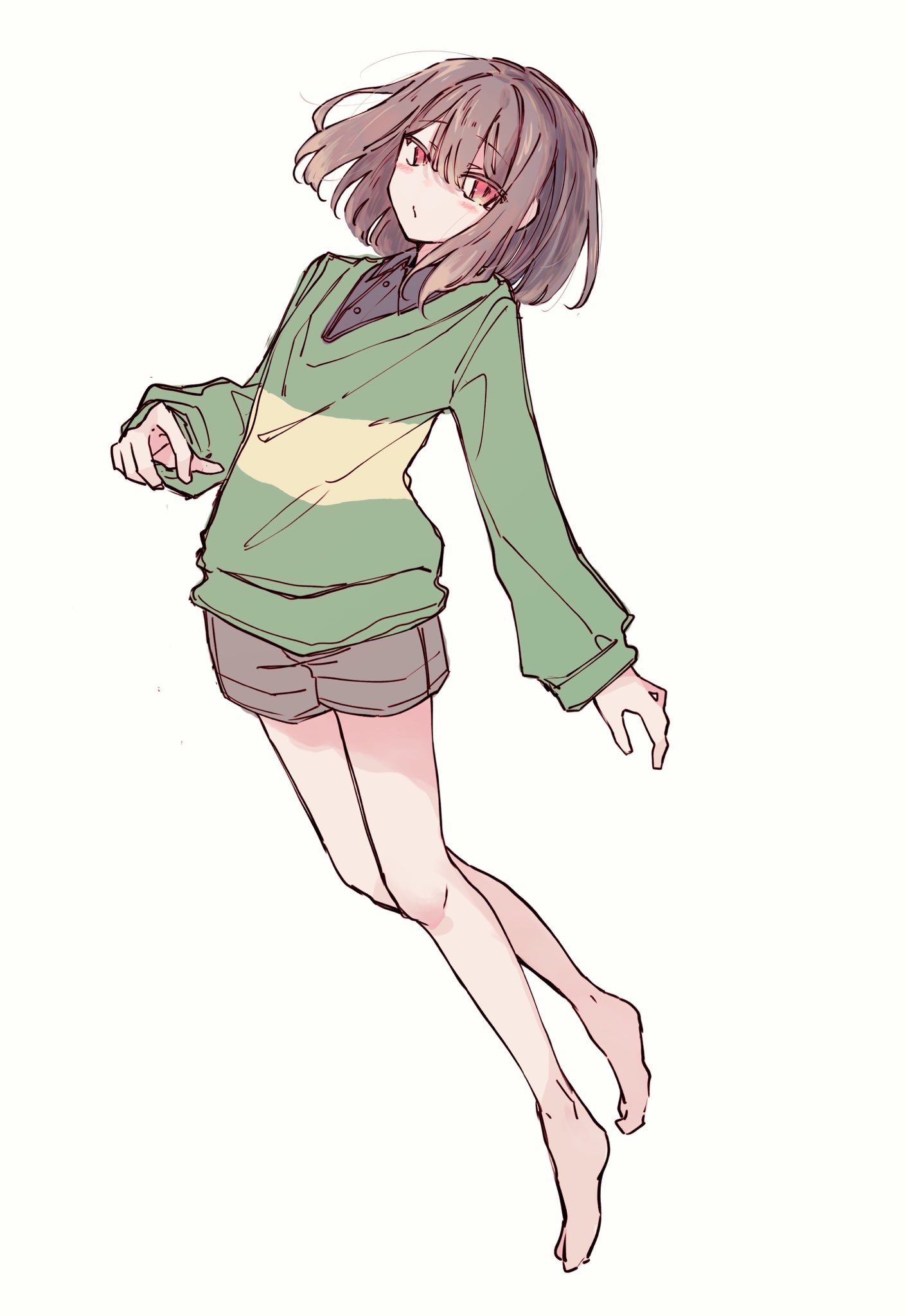 chara (undertale), undertale, utdr (toby fox), highres, 1other, androgynous, barefoot, brown hair, brown shorts, green sweater, looking at viewer, okura 0915, red eyes, shorts, simple background, solo, striped clothes, striped sweater, sweater, two-tone sweater, white background
