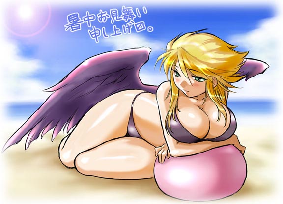 dr.p, nina (breath of fire ii), breath of fire, breath of fire ii, breast hold, translated, 1girl, angel wings, ball, beach, beachball, bikini, black wings, blonde hair, breasts, cleavage, crossed arms, curvy, day, female focus, huge breasts, legs, shochuumimai, solo, swimsuit, thighs, wide hips, wings