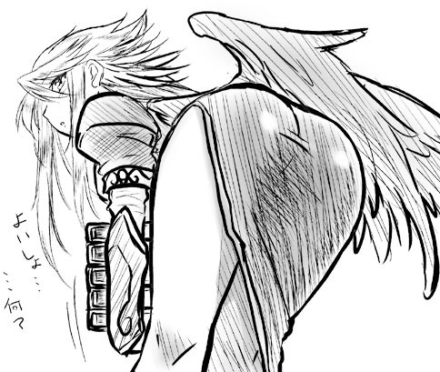 dr.p, nina (breath of fire ii), breath of fire, breath of fire ii, lowres, 1girl, angel wings, ass, ass focus, bent over, blonde hair, book, dress, female focus, greyscale, legs, looking back, monochrome, side slit, sketch, skirt, solo, thighs, wings