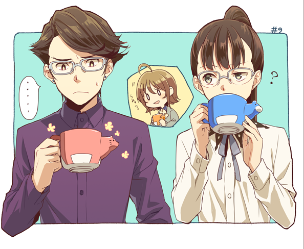 kannuki hisui, aikawa miyuu, hashigami sarai, sumikaze touko, occultic;nine, science adventure, check clothing, clothing request, translation request, …, 1boy, 2girls, ?, black hair, blue shirt, blush, brown eyes, brown hair, clueless, cup, glasses, grey neckerchief, high ponytail, holding, holding cup, long hair, long sleeves, looking at another, multiple girls, neckerchief, one eye covered, open mouth, ponytail, shirt, short hair, simple background, smile, surprised, upper body, white shirt